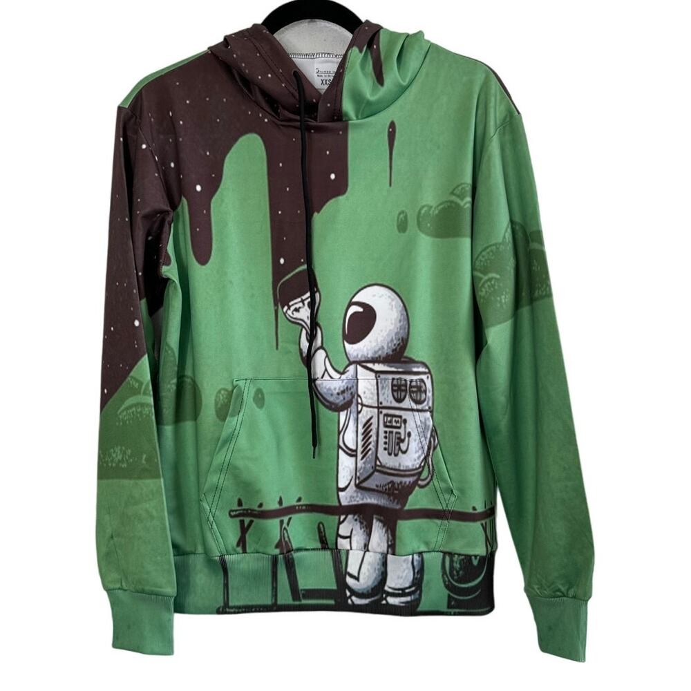 NWOT Men's Screen Print Green Pullover Hoodie Spaceman Comic XXS